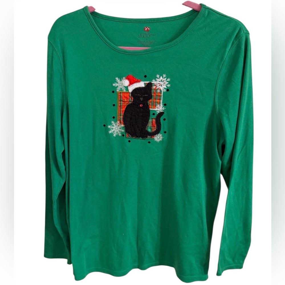 Mercer Street‎ Studios vintage black cat Christmas Green Knit Top. Size Large